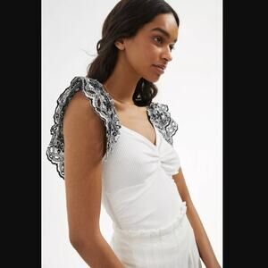 Anthropologie Ruffle-Sleeve Black & White Eyelet Top - New - 1X